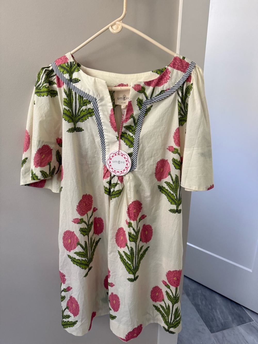Umgee Cream Dress with Pink Floral Print and Green Leaves